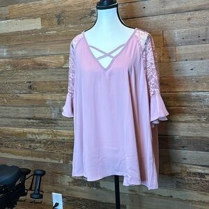 Pink blouse v neck with lace sleeves
